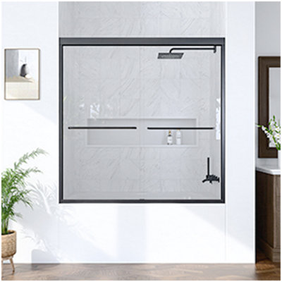 56"-60"W*60" H Semi-Frameless Double Sliding Shower Door, Bypass Shower Door, 1/4" (6mm) Thick SGCC Tempered Glass Door, Matte Black
