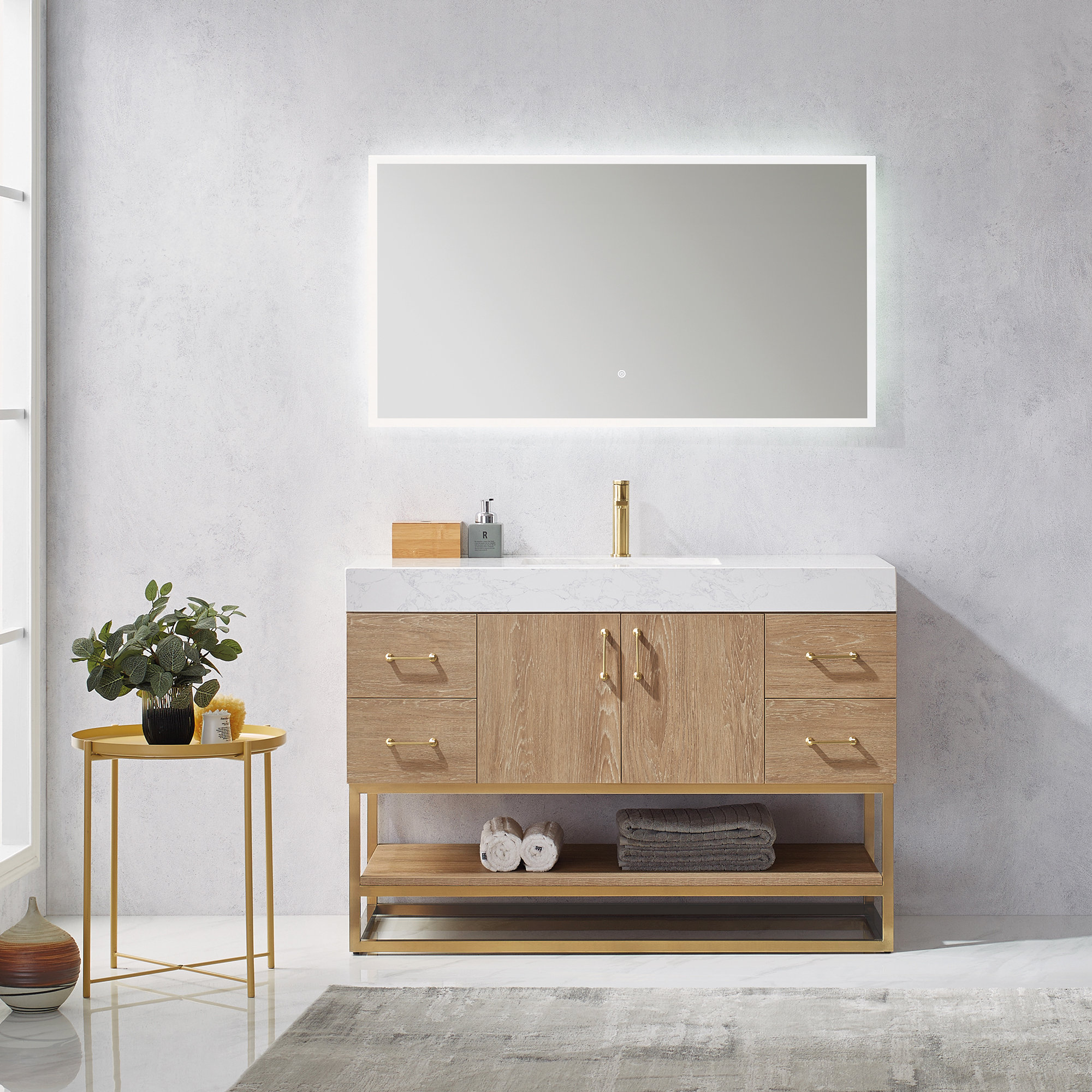 Alistair 48'' Single Bathroom Vanity, White, Natural Oak, Gold