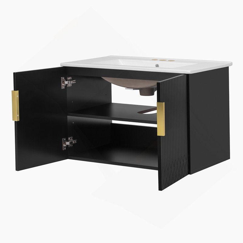 Meuble-lavabo vintage de 30 pouces avec lavabo et rangement en céramique, panneau de fibres à densité moyenne durable et fabrication en bois massif, esthétique moderne pour des salles de bain élégantes