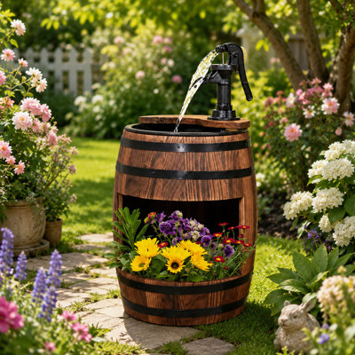 Wooden Barrel Water Pump Fountain, Built-In Planter