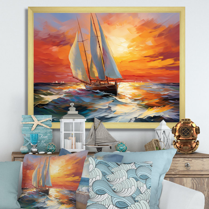 Minimalism Sailboat Rhythms VI - Sailing Boat Wall Art Prints, H 30 po x l 40 po x P 1,5 po, Cadre doré simple