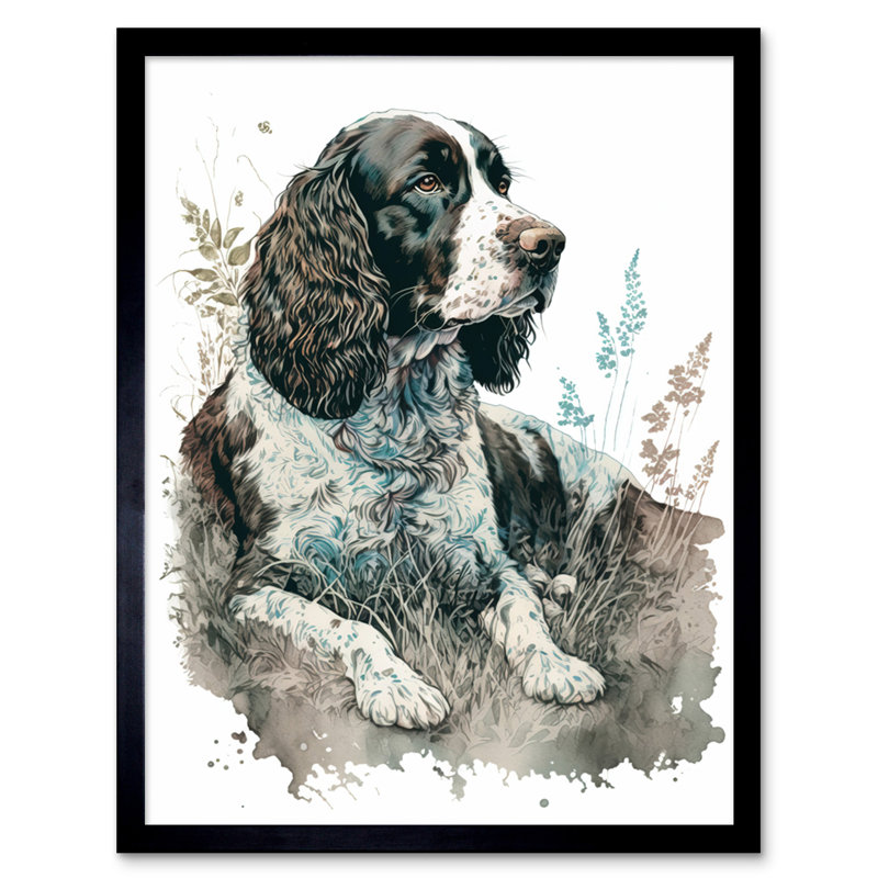 English Springer Spaniel Dog Lying in Field Modern Watercolour - Picture Frame Rectangle Print