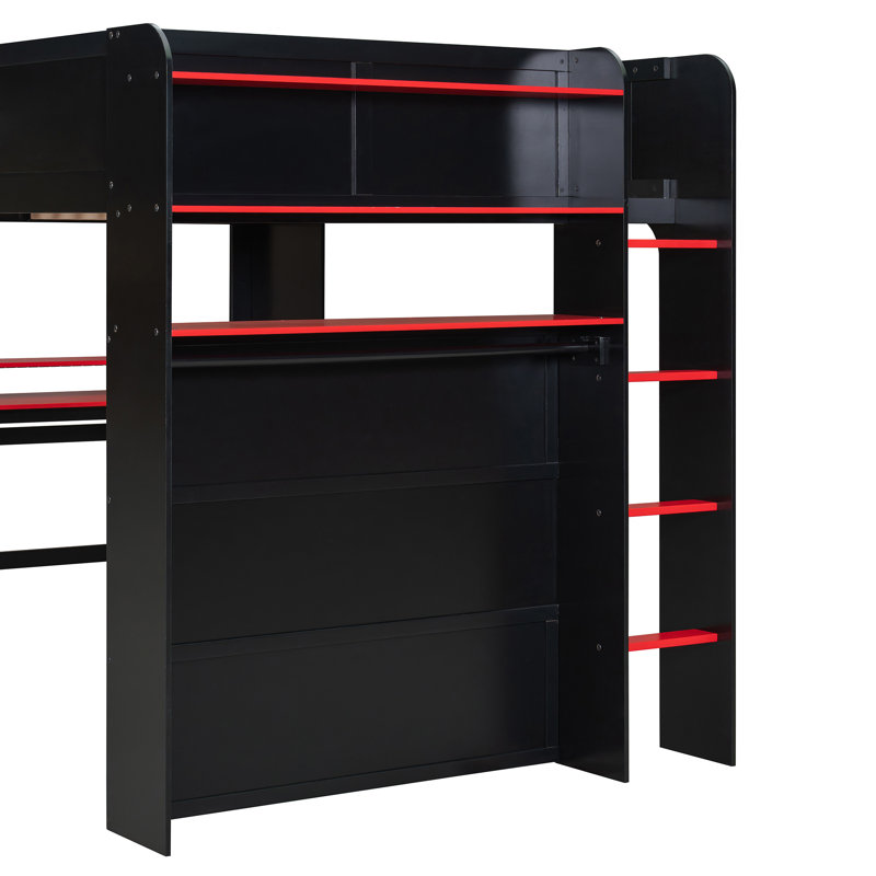 Lit mezzanine double avec bureau réglable éclairé, armoire ouverte et bibliothèque, Noir/rouge