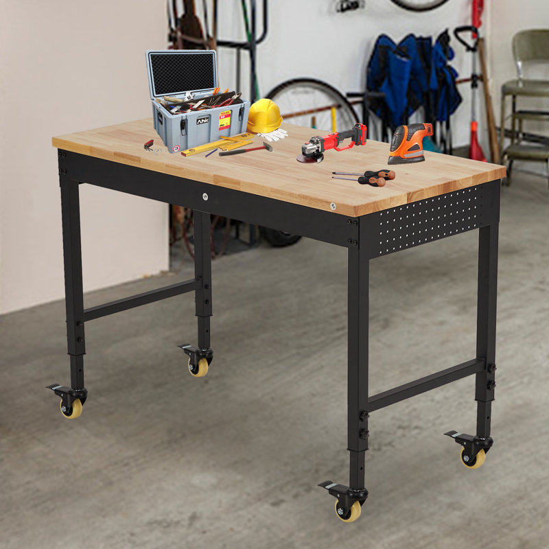 Établi réglable 72 po x 25 po - Station de travail robuste en bois d'hévéa avec prises de courant et roues - Table de travail en bois franc d'une capacité de charge de 2 000 lb pour le garage, l'atelier, le bureau et la maison