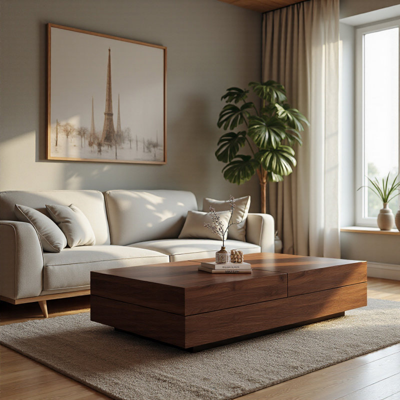 Table basse moderne en noyer moderne avec plateau coulissant et rangement caché, mobilier de salon élégant