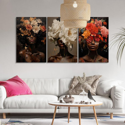 3 pièces d'art mural africain-américain abstrait pour le salon, fleur colorée, affiche florale pour salle de bain, fille noire, art mural, impressions sur toile, peinture pour cadeaux féminins, 12 x 16 pouces