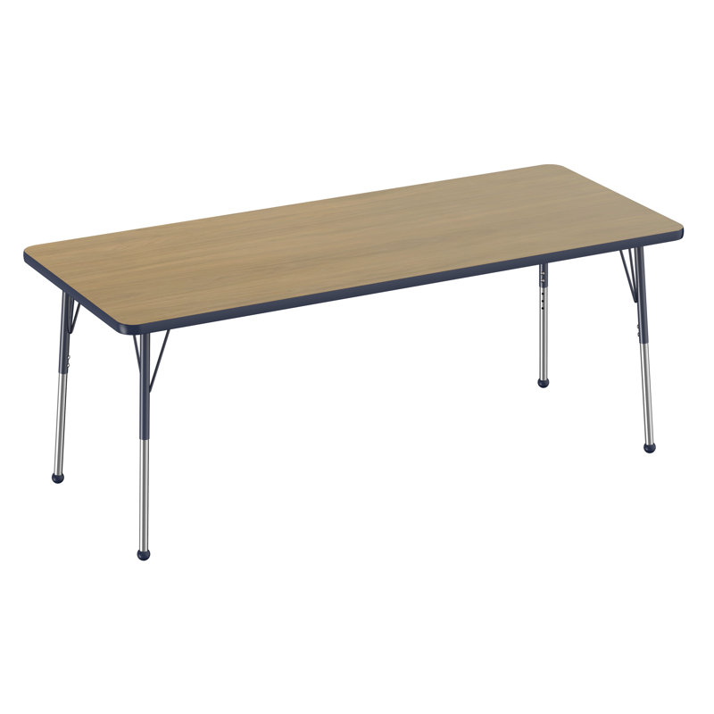 Table d'activité rectangulaire à hauteur réglable en forme de T, 30 po x 72 po, Chêne Pasadena / bleu marine / argent