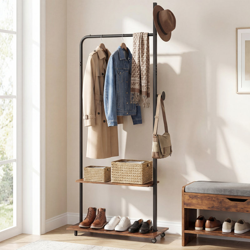 Wooden Garment Rack Freestanding Clothing Rack with Wheels