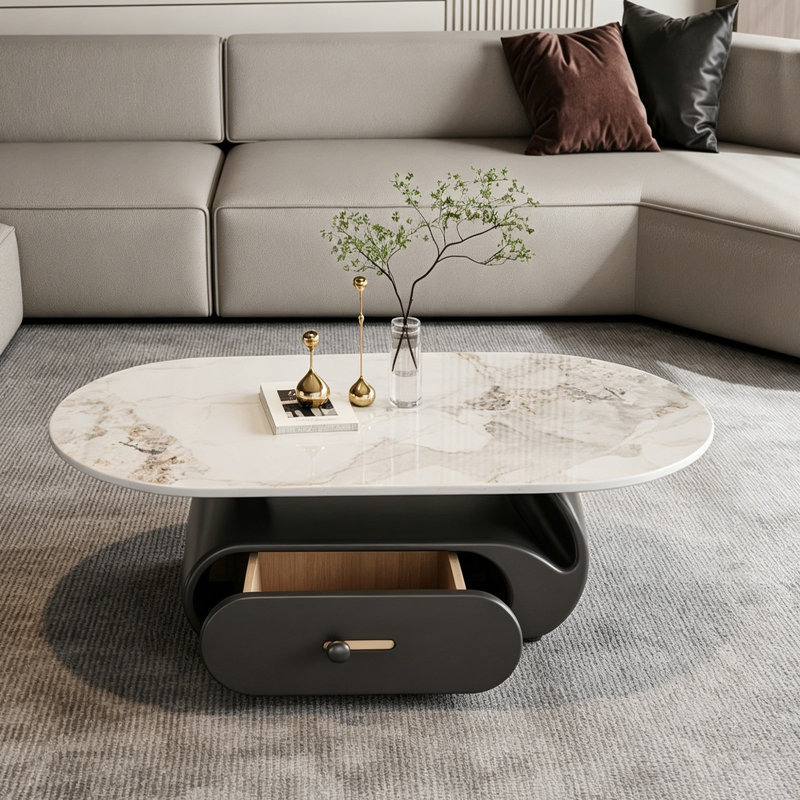 Table basse Modern Modern, H 16,14 po x L 39,37 po x l 21,65 po, White/Grey/Black, Marble