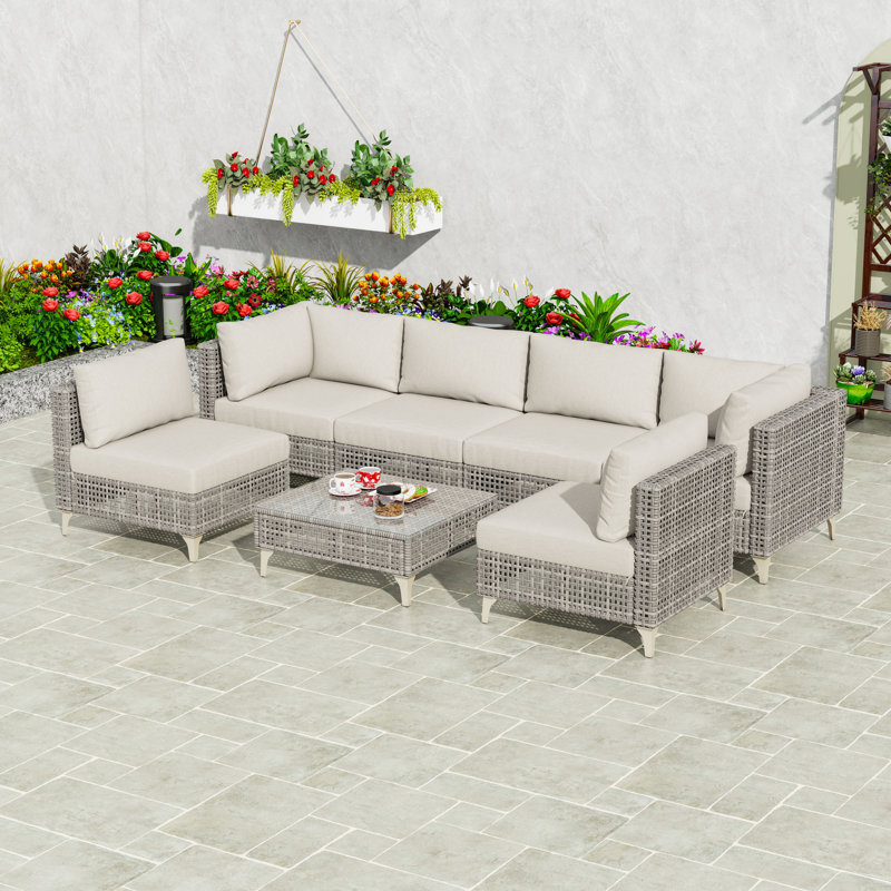 Ensemble de conversation modulaire d'extérieur pour patio 7 pièces, chaises modulaires en osier avec coussins et table basse en verre trempé
