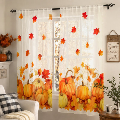2 pièces rideaux de feuille d'érable automne citrouille, rideaux de fenêtre de thème de l'Action de grâce rétro pour le salon, la chambre à coucher, la cuisine, les panneaux de poche à tringle décoratifs
