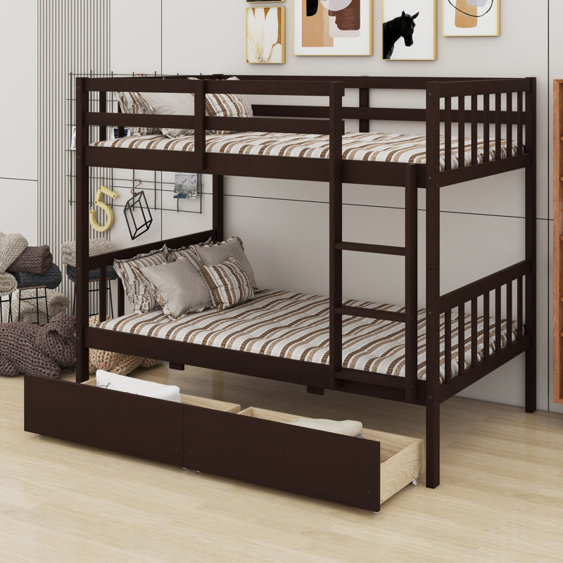 Bunk Bed With Drawers, Convertible Into Beds,  Ladder And Safety Guardrails, Espresso