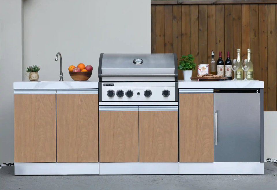 Bespoke 5B Modular Outdoor Kitchen in Wood Pattern Panels Here