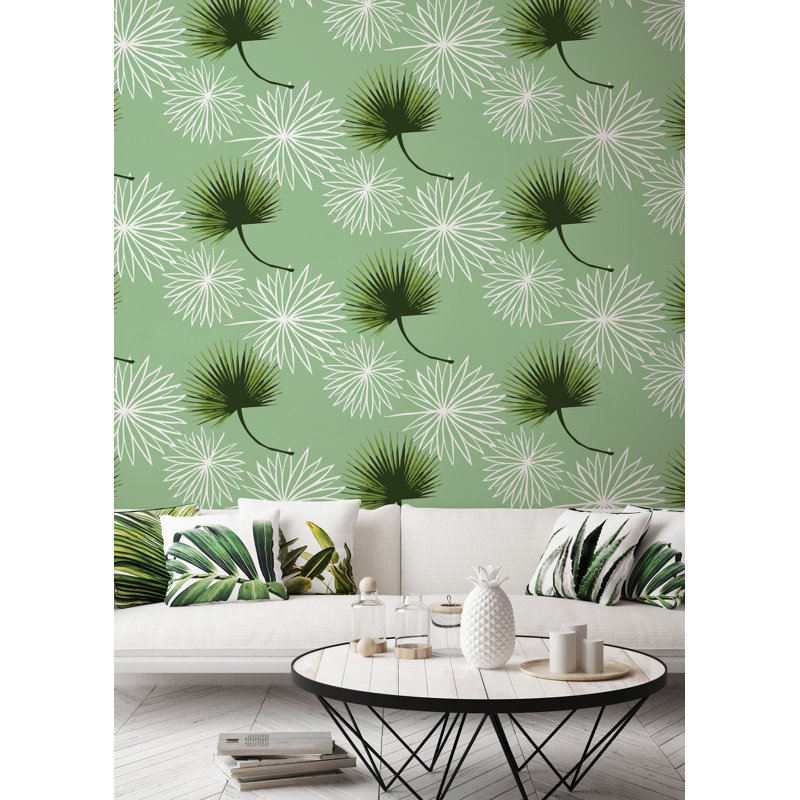 Cabbage Palm 10' L x 24" W Peel and Stick Wallpaper Roll, Green, Faux Grasscloth, Non-pasted