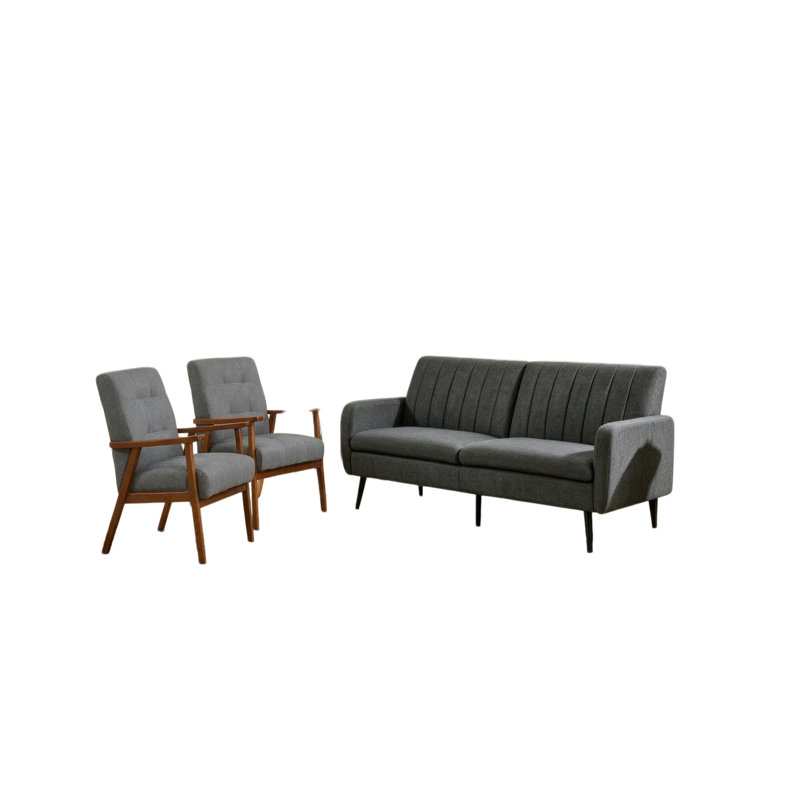 Modern Upholstered Living Room Set With Wooden Armrests & Convertible Backrest, 3 Pcs: Sofa, 2 Chairs, Light Grey/Dark Grey