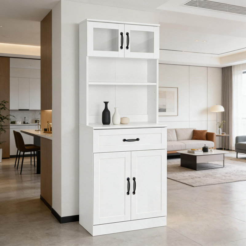Armoire de cuisine avec 2 portes vitrées et tablette ouverte