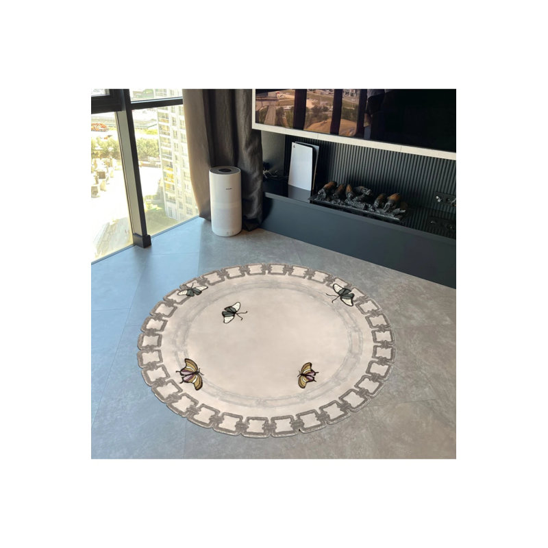 Butterfly Figured Gray Round Woven Base Round Decorative Carpet, Round 2'8"