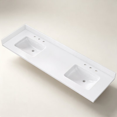 72'' W x 22'' D Engineered Stone Pure White Vanity Top Double Sinks Center Drain Bathroom Countertop Rectangular Undermount Ceramic Sink with 4 in. H Backsplash & Sidesplash