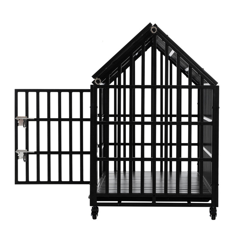 Chenil de 52 po en métal robuste pour grands chiens - Roues verrouillables, surface antirouille, 2 casseroles en plastique amovibles, portes avant et de toit, instructions d'assemblage faciles, cage robuste avec revêtement, amovible