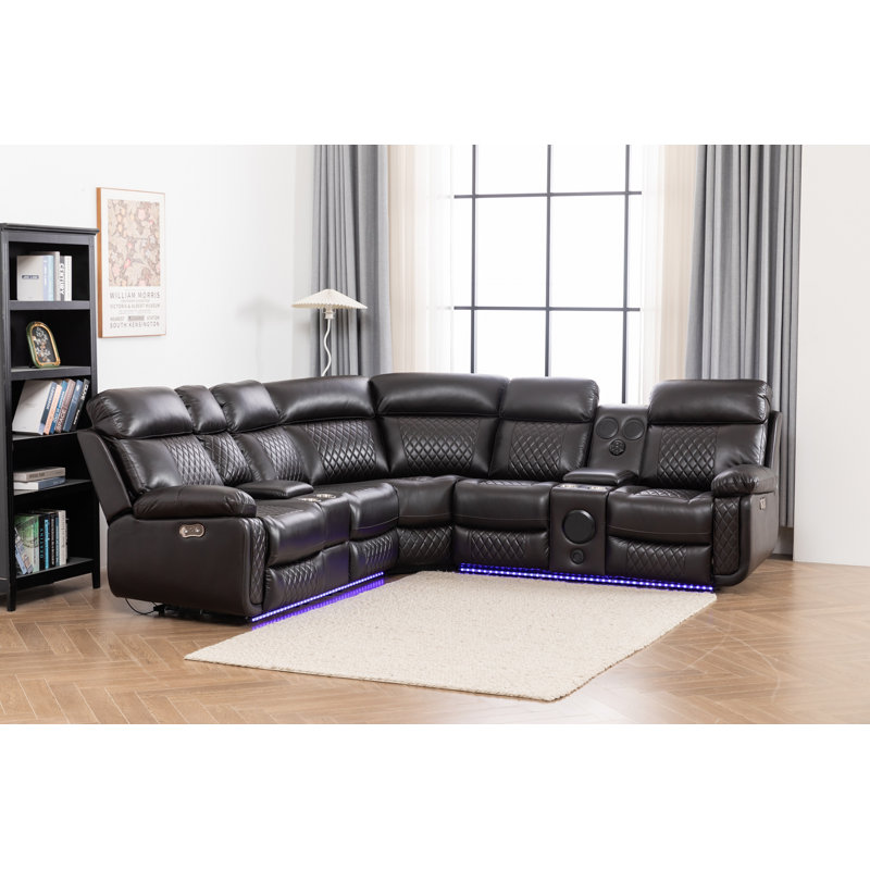 Sectional Recliner Sofa Set For Living Room Bluetooth Three Speaker ,Led Lighting And Cup Holders, Brown