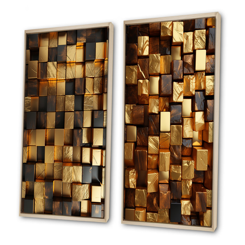 Cubes abstraits noirs et dorés I - ensemble de 2 reproductions d'art géométriques abstraites, Cadre flottant brun