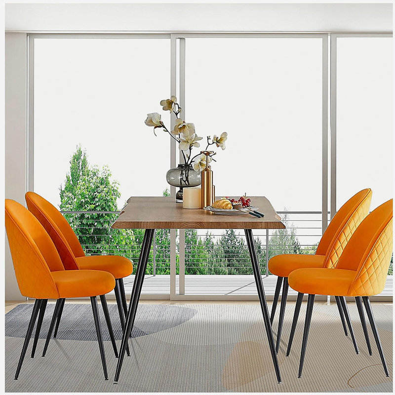 Chaise de salle à manger en velours orange, pieds en métal noir, ensemble de chaises de bout 4 pièces