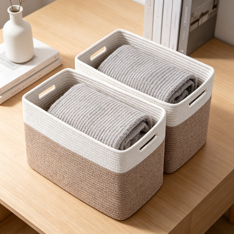 Cotton Rope Storage Baskets, Collapsible Fabric Storage Bins With Reinforced Handles For Organizing Toys, Blankets, And Clothes In Living Room, Bedroom, Or Closet, 2-Pack