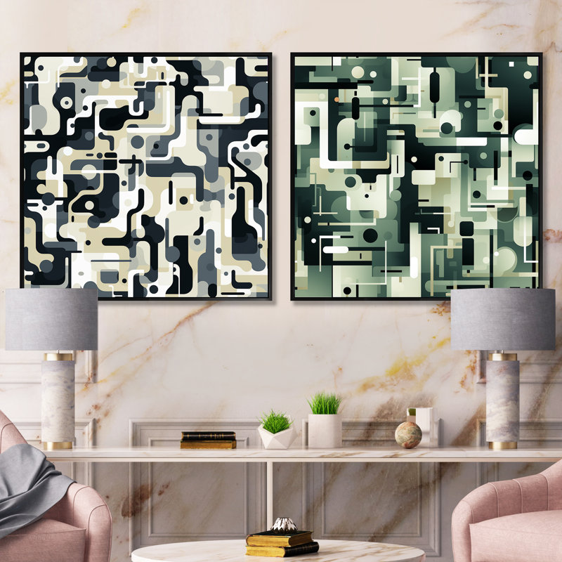 Coralyn - Ensemble de 2 collages de formes carrées abstraites, Cadre flottant noir, H 16 po x l 33 po