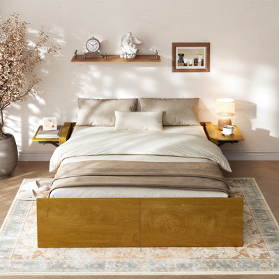 Murphy Bed with 2" Mattress and Nightstands Included, Sofa and Storage Bench Murphy Bed, 3-in-1 Convertible Bed Frame with Charging Port and Nightlight, Chestnut Fir