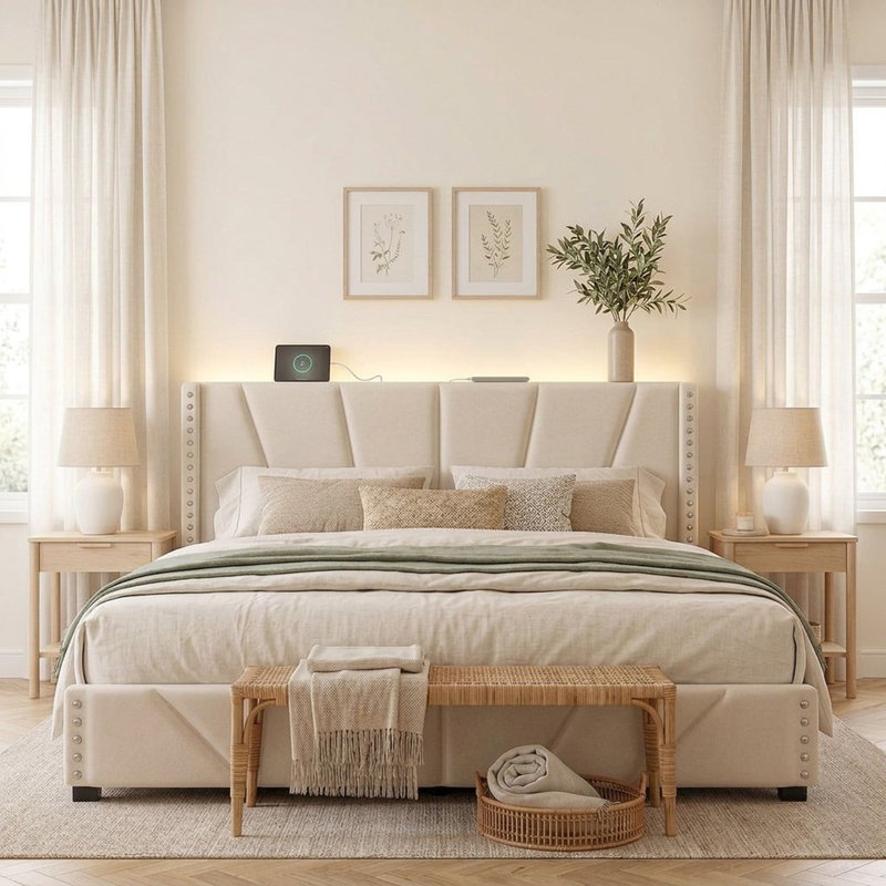 Lit plateforme de rangement en velours, format King, avec tête de lit réglable en hauteur, éclairage DEL, station de recharge et espace de rangement sous le lit de 30 cm (11,8 po). Sommier non requis.