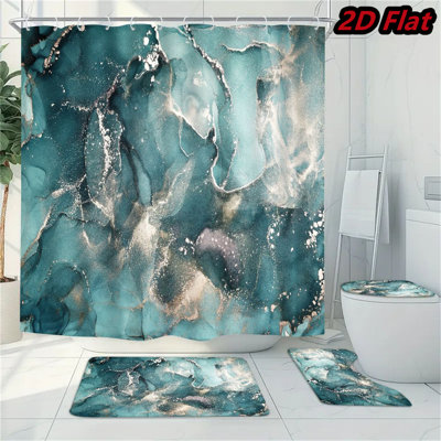 4Pcs Teal Marble Abstract Shower Curtain Luxury Gold Watercolor Bathroom Decor Non-Slip Bath Mat Toilet Lid Cover Modern Home Decoration with 12 Hooks
