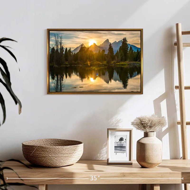 Coucher de soleil spectaculaire sur Grand Teton, Cadre flottant doré, 19 po x 13 po