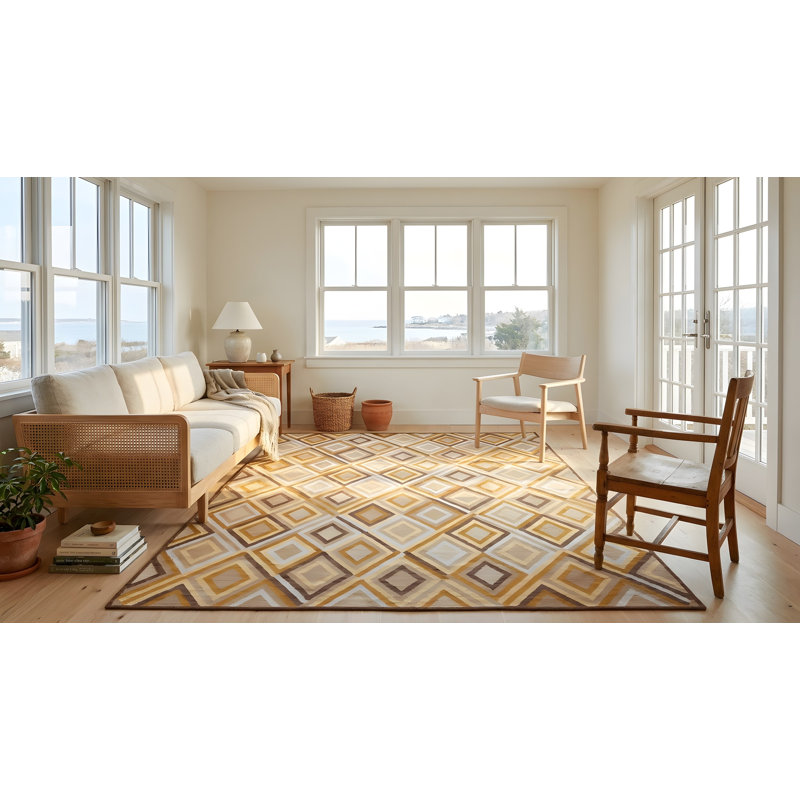 Tapis en laine noué à la main de conception unique 9 pi x 12 pi moutarde / brun / blanc / beige
