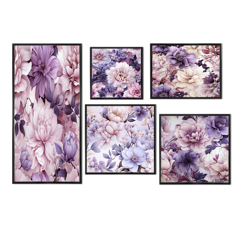 Edgartown - Ensemble de 5 reproductions d'art sur toile florales, Cadre flottant noir