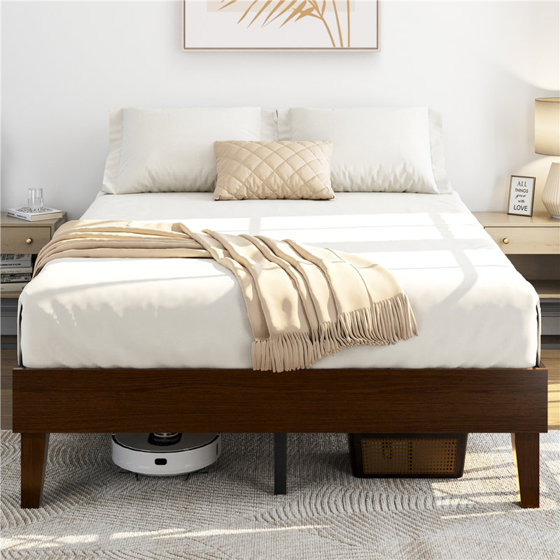 Wooden Platform Bed Frame with Plywood Slats, Queen, Dark Walnut