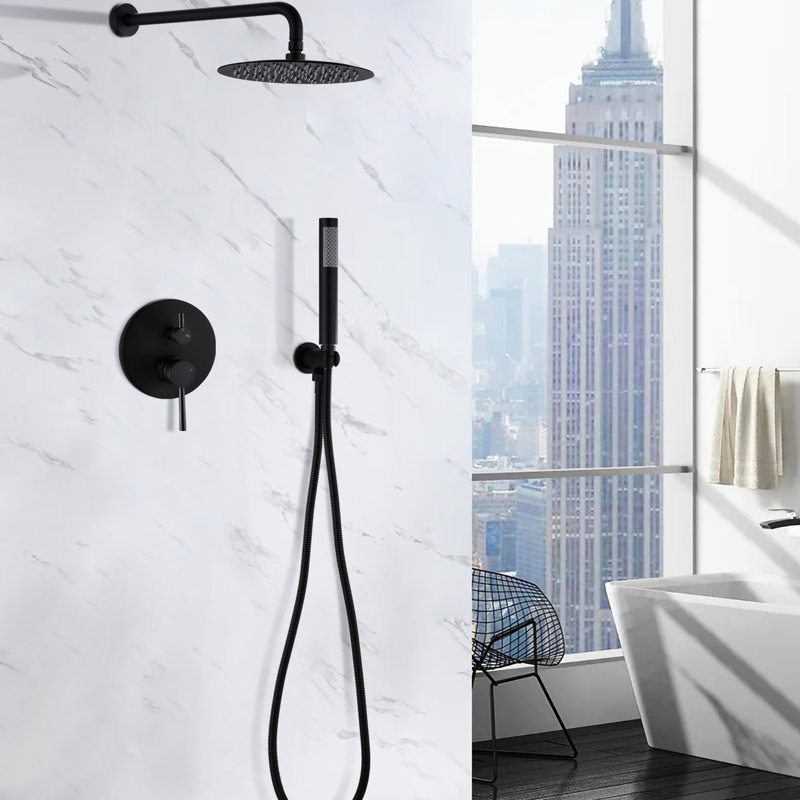 Wall Mounted Shower System In Matt Black. 10" Rain Head & Handheld. Balancing Valve. Adjustable Holder. 360 Joint. Corrosion . 1.8 Gpm Flow Rate. Dual Head. Compatible With Us Pipe Black . And