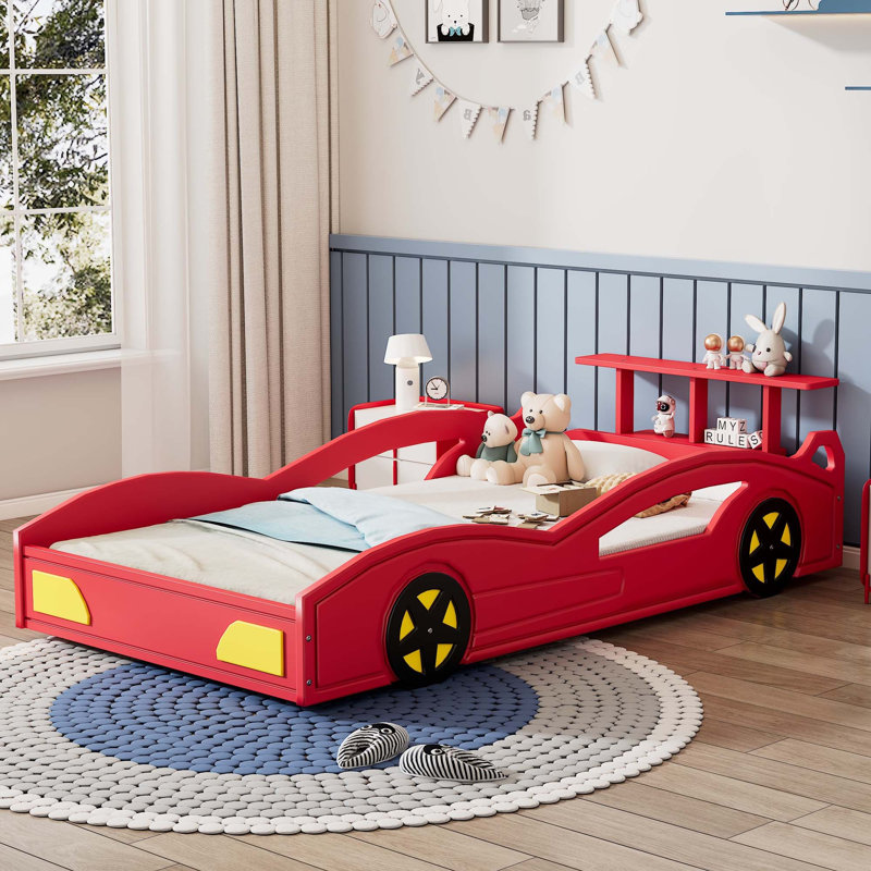 Lit de voiture de course en bois, lit plateforme en forme de voiture avec roues pour adolescents, Red