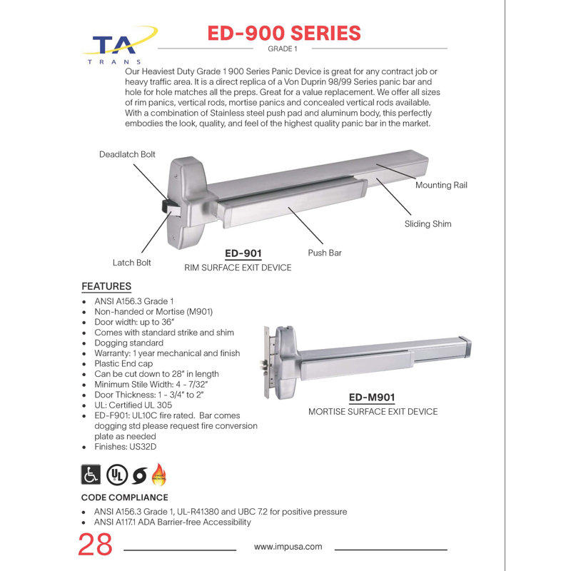 Dispositif de sortie de surface anti-panique robuste en aluminium de classe 1 homologué UL 900 Series 48