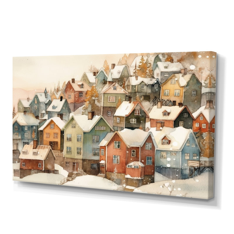 Winter Village III - paysage moderne, art mural, H 12 po x l 20 po x P 1 po, Toile tendue