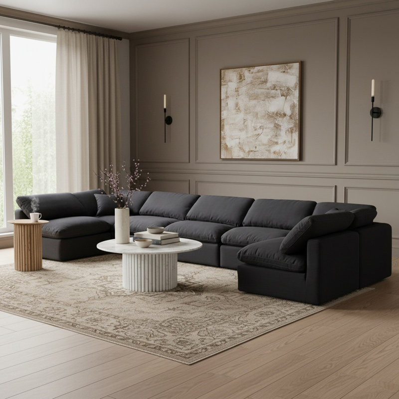 Grand canapé modulaire rembourré 7 pièces Itala, Tissu texturé en lin noir