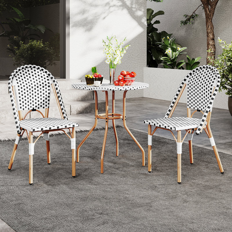 3 Piece french Table Chair Set Outdoor Wicker Round Table & 2 Dining Chairs