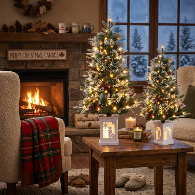 Arbre de Noël artificiel enneigé 3 pi avec 78 lumières à fibre optique et boîte de bonhomme de neige (ensemble de 2)