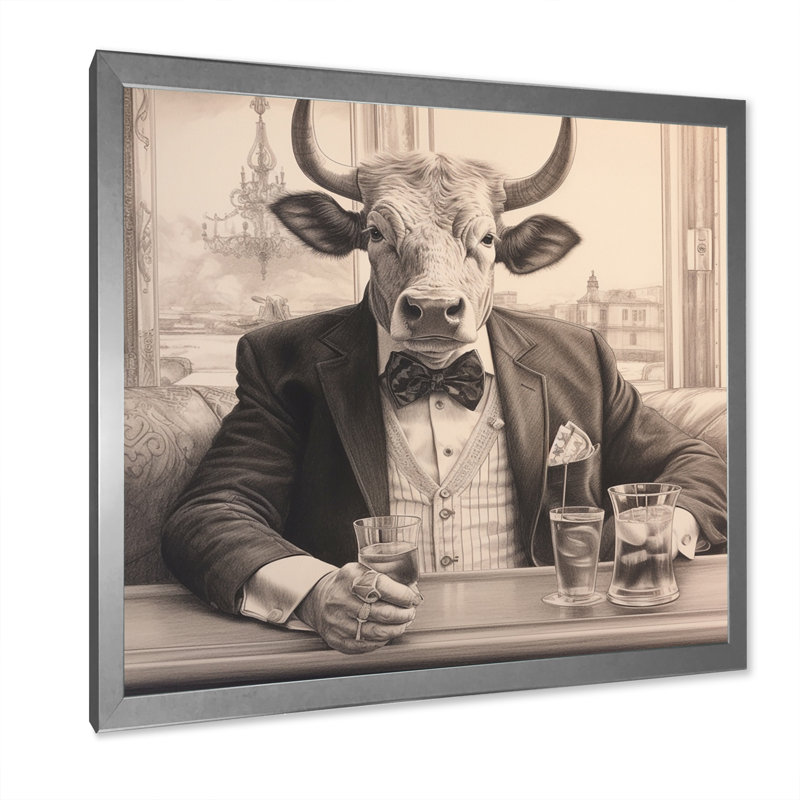 Vache ayant une boisson III - impression, Cadre simple argenté, H 16 po x l 16 po x P 1 po