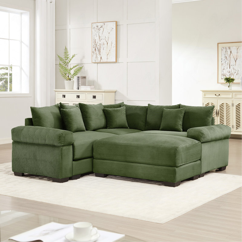 Canapé modulaire surdimensionné avec accoudoirs extra-épais et repose-pieds, velours côtelé, vert