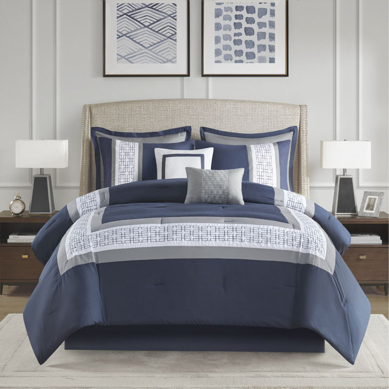 Ensemble d'édredon brodé 8 pièces grand bleu marine, Marine, Édredon grand + 7 articles supplémentaires
