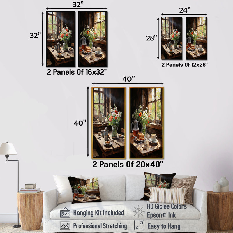«Rustic Morning» - ensemble de 2 impressions sur toile déjeuner, H 32 po x l 33 po, Cadre flottant blanc