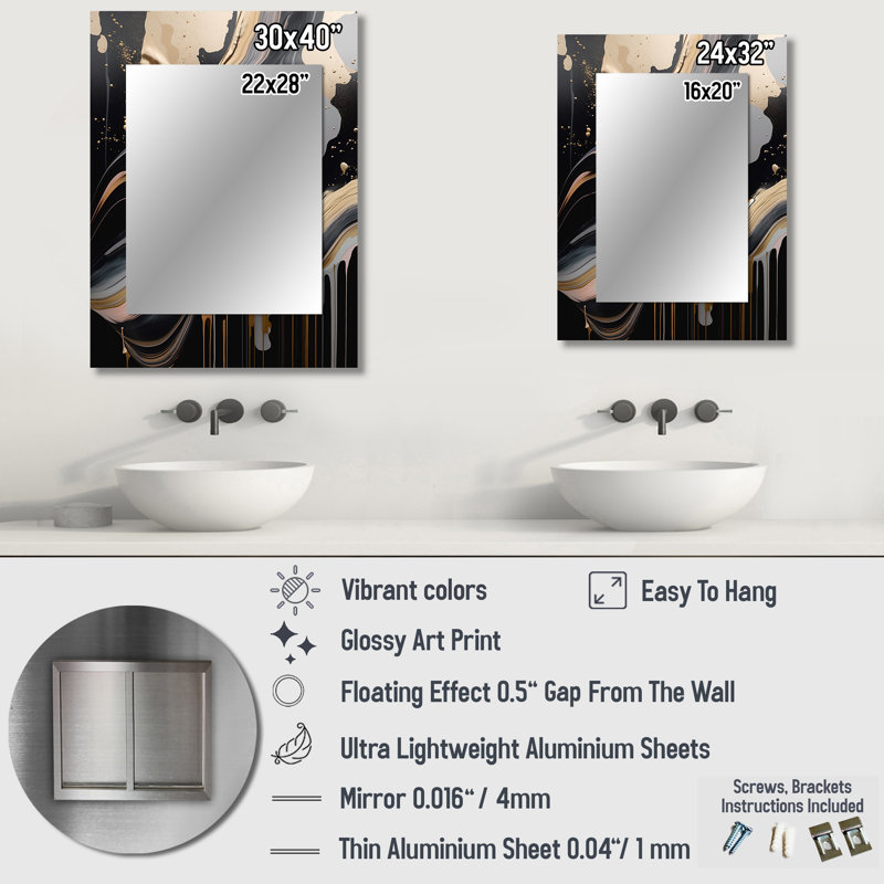 Gold And Black Marbled Euphoria III - Marble Decorative Mirror, Modern Large Wall Mirror, Printed Metal Art, 32" x 24"