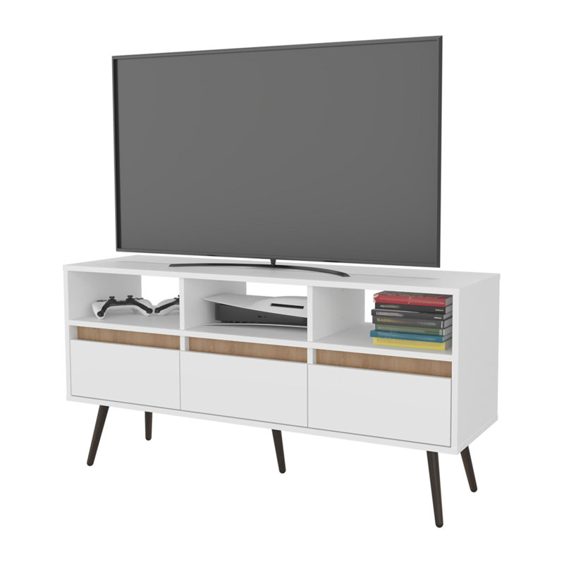 Meuble télé Picacho avec rangement, 3 tiroirs et 3 tablettes, blanc et chêne naturel.