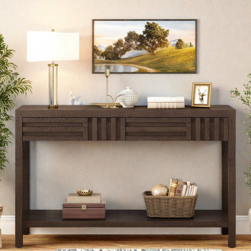 Console moderne avec motif rayé, 2 tiroirs et 2 niveaux, Brun