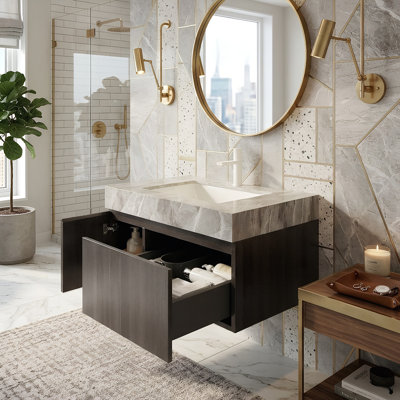 Meuble-lavabo flottant 30/36/48 po avec comptoir en pierre frittée gris clair, armoire en contreplaqué avec tiroir 3D rayé et porte à fermeture en douceur, espresso